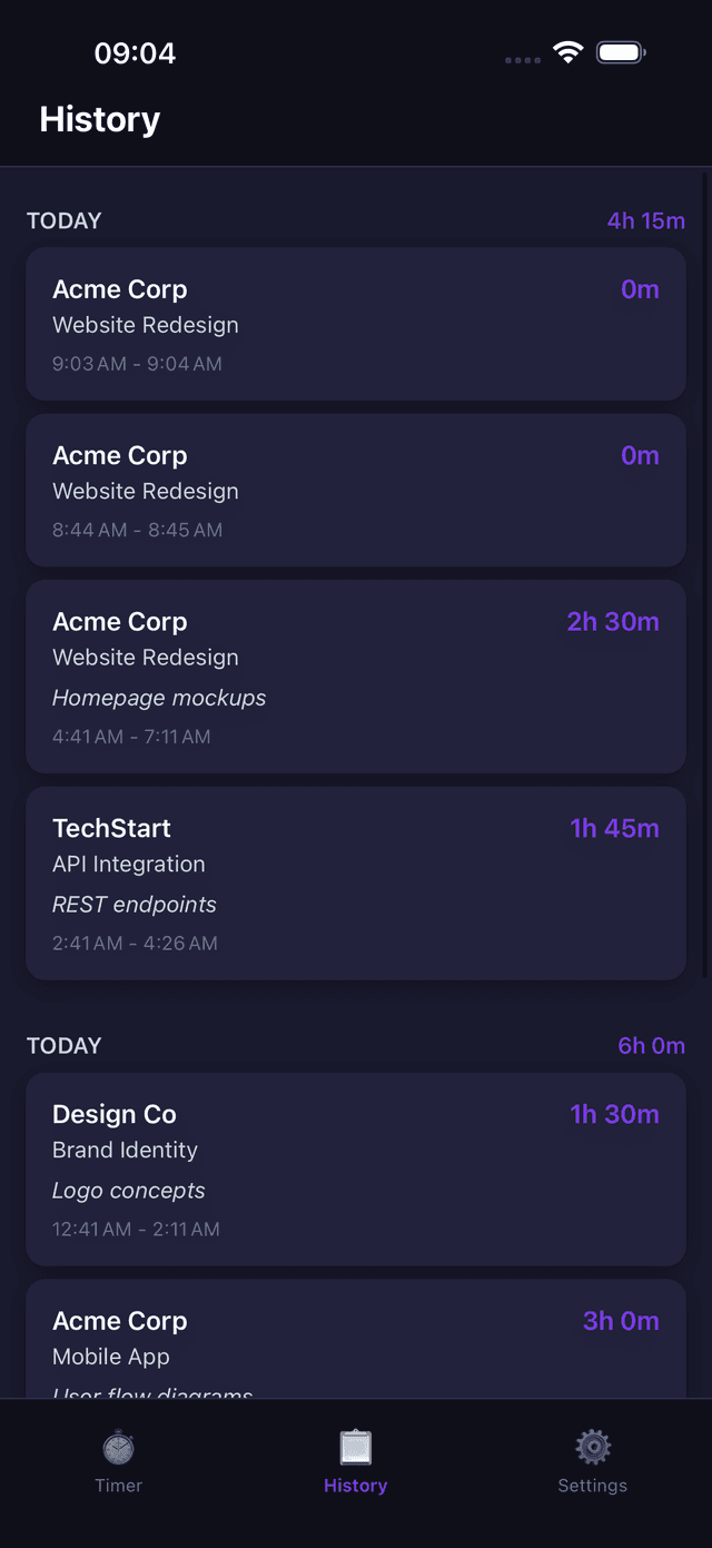 History screen showing time entries