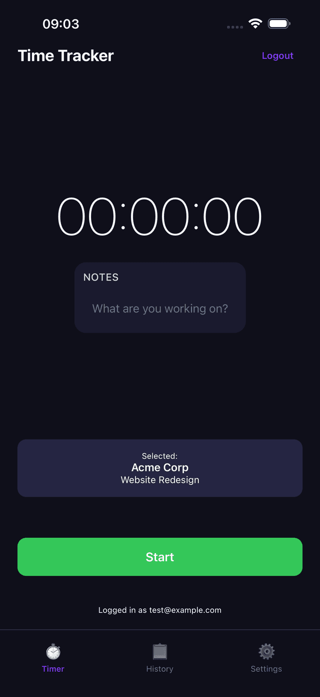 Timer screen ready to start